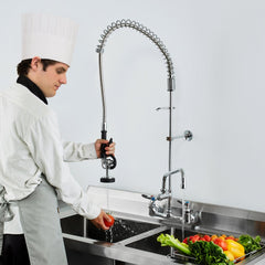 VEVOR Industrial Sink Faucet, 44" Tall, 8" Apart, 12" Rotating Spout, Wall Mounted, Brass Made with Extendable Sprayer