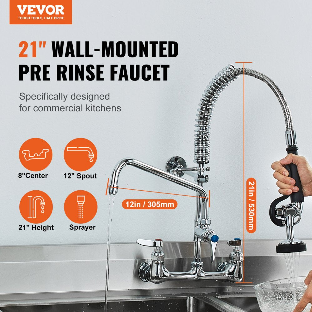VEVOR Wall-Mounted Brass Kitchen Faucet, 21" Tall, 8" Installation Width, Includes 12" Rotating Spout and Pull-Down