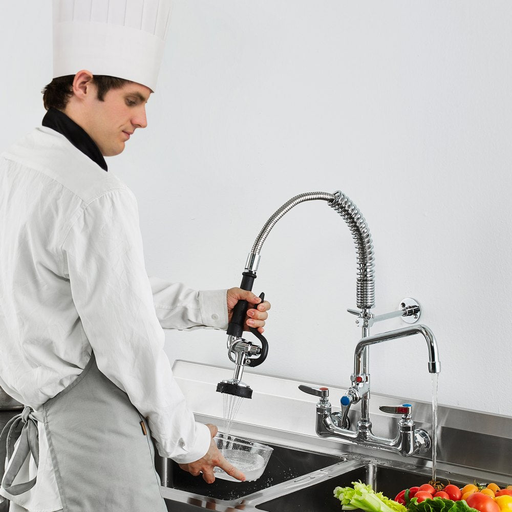 VEVOR Wall-Mounted Brass Kitchen Faucet, 21" Tall, 8" Installation Width, Includes 12" Rotating Spout and Pull-Down