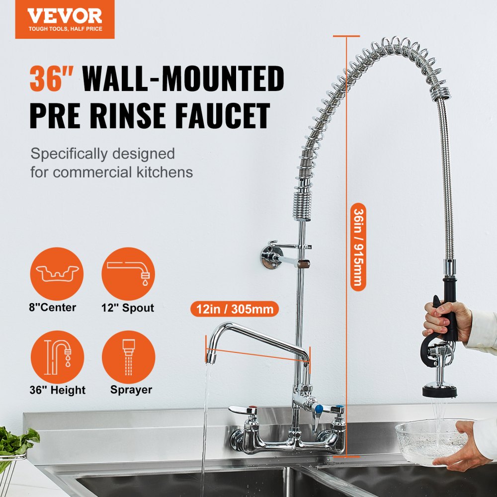 VEVOR Wall-Mounted Brass Kitchen Faucet, 36" Tall, 8" Installation Width, Includes 12" Rotating Spout and Pull-Down