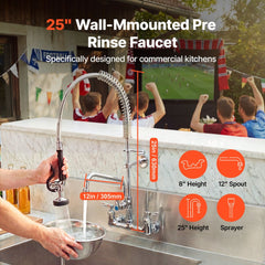 VEVOR Wall-Mounted Kitchen Faucet, 25" Tall, 8" Center Distance, 12" Rotatable Spout, Includes Pre-Rinse Spray, Brass