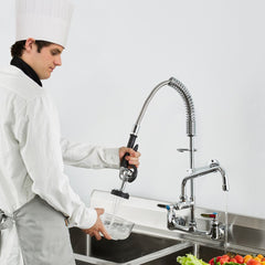 VEVOR Wall-Mounted Kitchen Faucet, 25" Tall, 8" Center Distance, 12" Rotatable Spout, Includes Pre-Rinse Spray, Brass