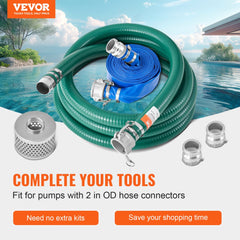 VEVOR Suction Hose Kit for Water Pump, with 2 in x 50 ft Blue Backwash Hose, 20 ft Green Suction Hose, and Steel Round
