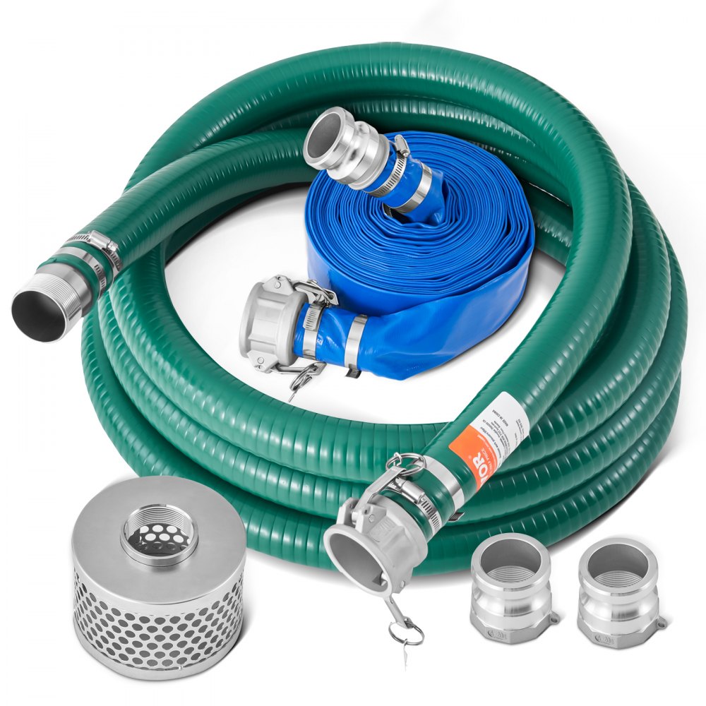 VEVOR Suction Hose Kit for Water Pump, with 2 in x 50 ft Blue Backwash Hose, 20 ft Green Suction Hose, and Steel Round