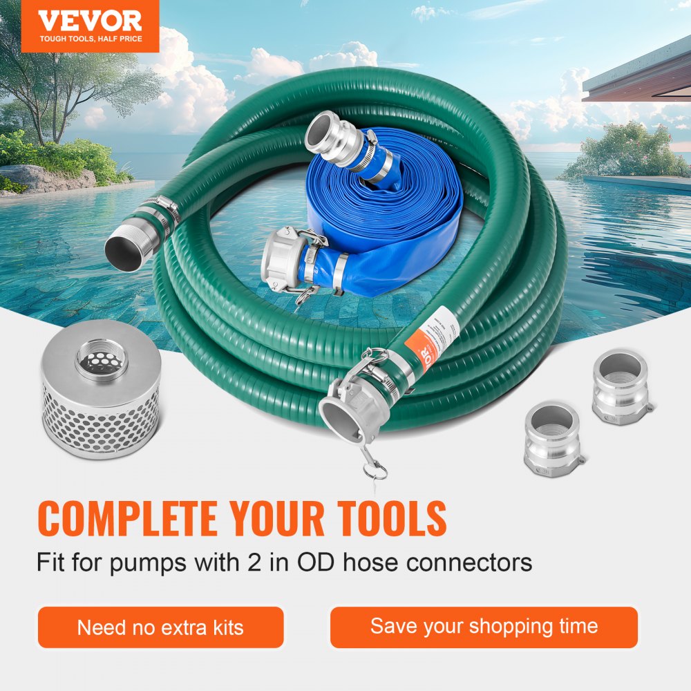 VEVOR Suction Hose Kit for Water Pump, with 2 in x 65 ft Blue Backwash Hose, 20 ft Green Suction Hose, and Steel Round