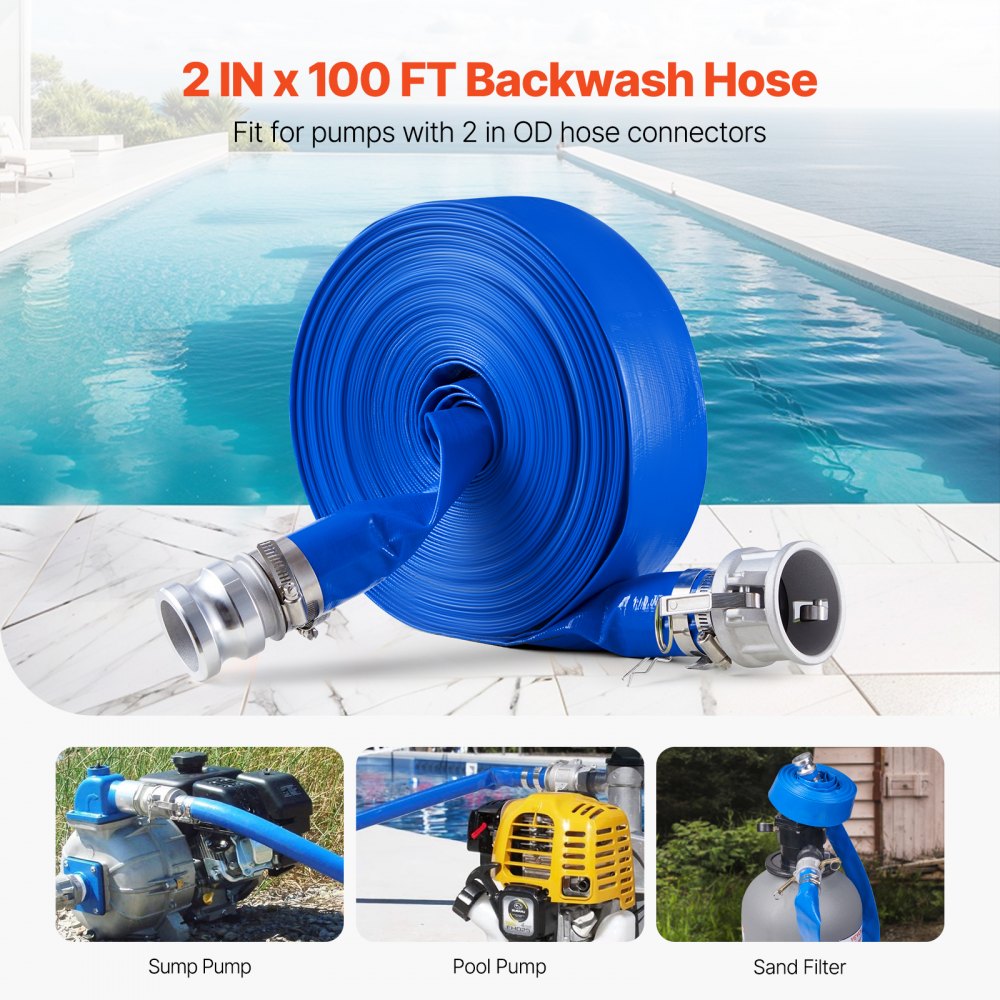 VEVOR Backwash Hose, 2 in x 100 ft, Blue High Quality PVC Hose, with Clamps, Camlock, Aluminum Fittings, Fit Various