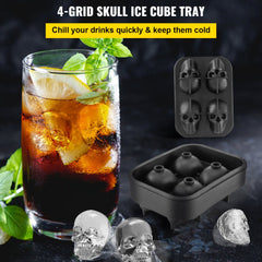 VEVOR Skull Ice Cube Tray, 4-Grid Skull Ice Ball Maker, Flexible Black Silicone Ice Tray with Lid & Funnel, Funny Skull