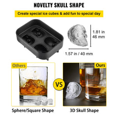 VEVOR Skull Ice Cube Tray, 4-Grid Skull Ice Ball Maker, Flexible Black Silicone Ice Tray with Lid & Funnel, Funny Skull