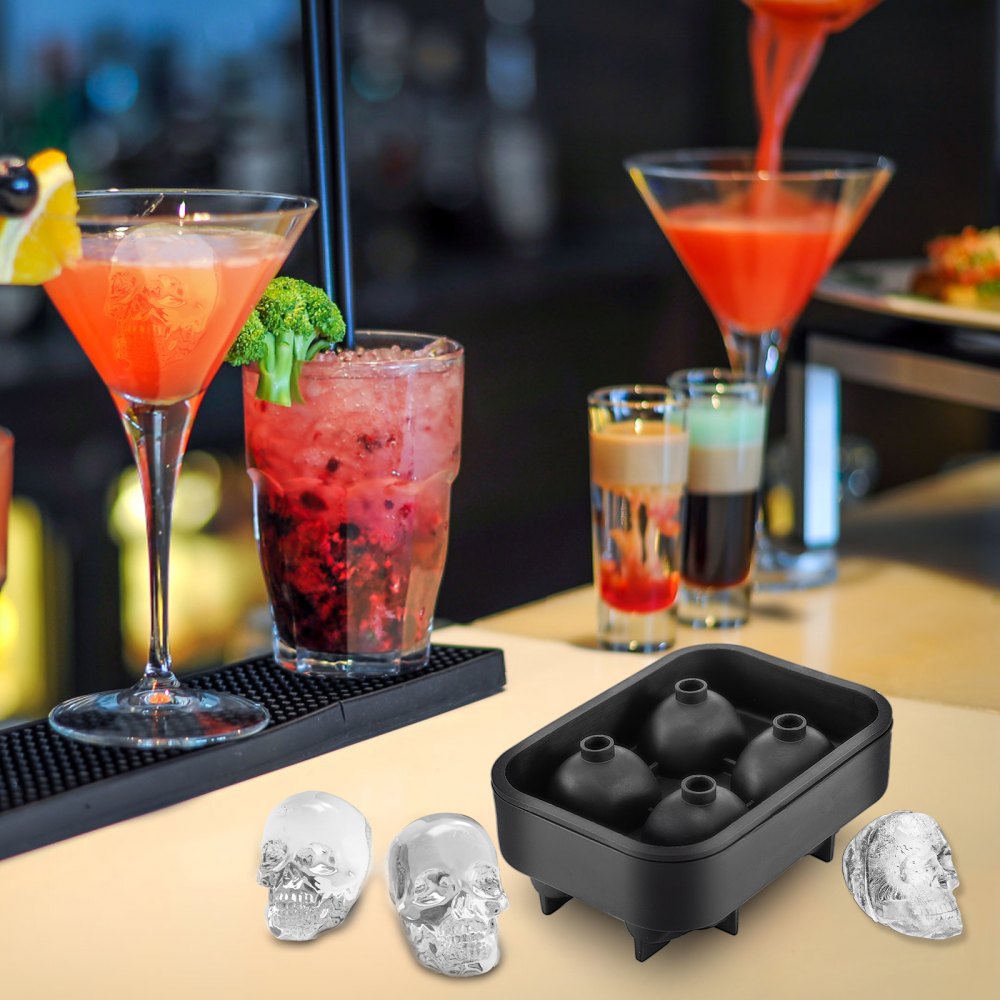 VEVOR Skull Ice Cube Tray, 4-Grid Skull Ice Ball Maker, Flexible Black Silicone Ice Tray with Lid & Funnel, Funny Skull