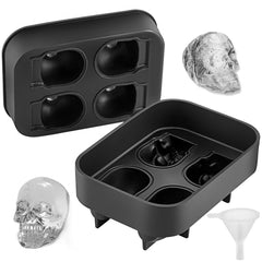 VEVOR Skull Ice Cube Tray, 4-Grid Skull Ice Ball Maker, Flexible Black Silicone Ice Tray with Lid & Funnel, Funny Skull