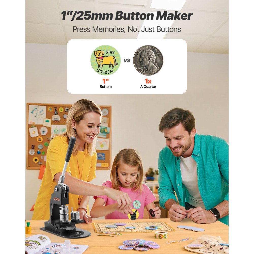VEVOR Button Maker Machine, 1 in, Pin Maker Machine with 500pcs Button Parts, Circle Cutter, Hex Wrenches and Magic