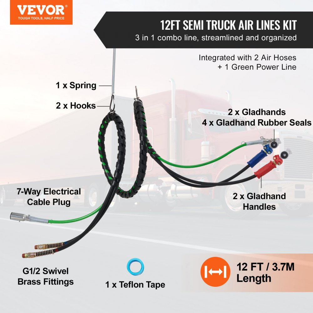 VEVOR 12FT Semi Truck Air Lines Kit with 2PCS Glad Hands, 3-in-1 Air Hoses & 7 Way ABS Electric Power Line, with 2PCS