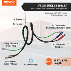VEVOR 12FT Semi Truck Air Lines Kit with 2PCS Glad Hands, 3-in-1 Air Hoses & 7 Way ABS Electric Power Line, with 2PCS