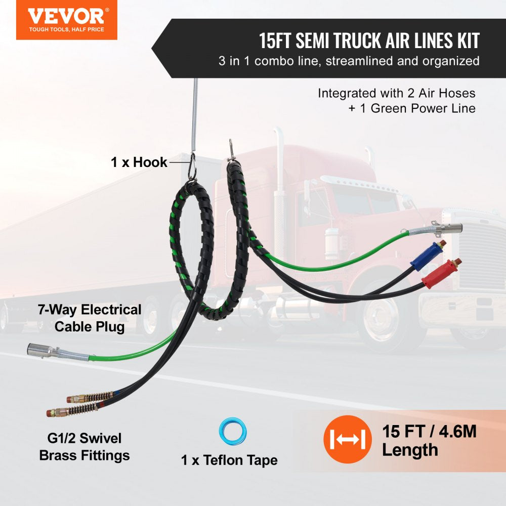 VEVOR 12FT Semi Truck Air Lines Kit, 3-in-1 Air Hoses & ABS Power Line for Semi Truck Trailer Tractor, 7-Way Plug