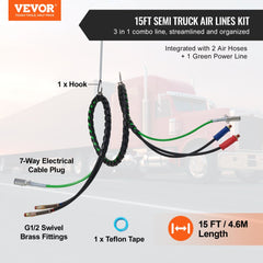 VEVOR 12FT Semi Truck Air Lines Kit, 3-in-1 Air Hoses & ABS Power Line for Semi Truck Trailer Tractor, 7-Way Plug