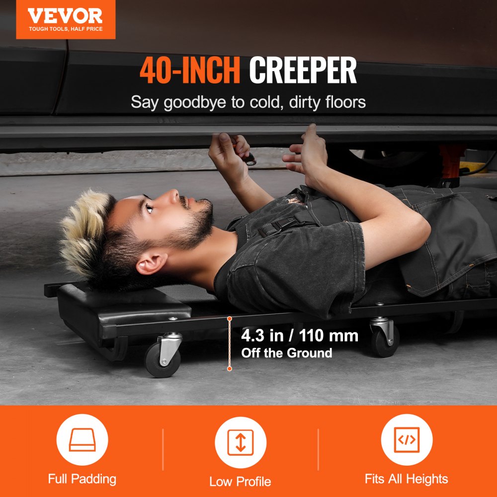 VEVOR Mechanic Garage Creeper, 40-Inch, 300 lbs Capacity Automotive Rolling Creeper with 6 Casters Adjustable Cushioned