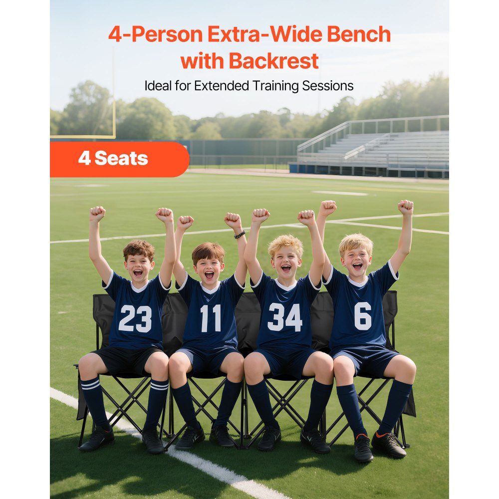 VEVOR Portable Folding Bench, 4 Seat Foldable Soccer Bench with Side Pockets and Carrying Bag, Lightweight Sideline