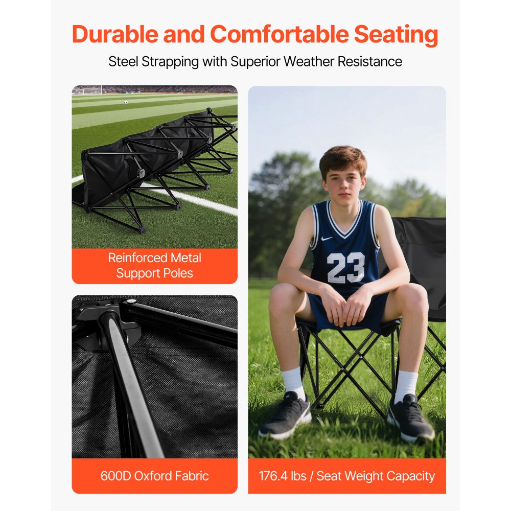 VEVOR Portable Folding Bench, 4 Seat Foldable Soccer Bench with Side Pockets and Carrying Bag, Lightweight Sideline
