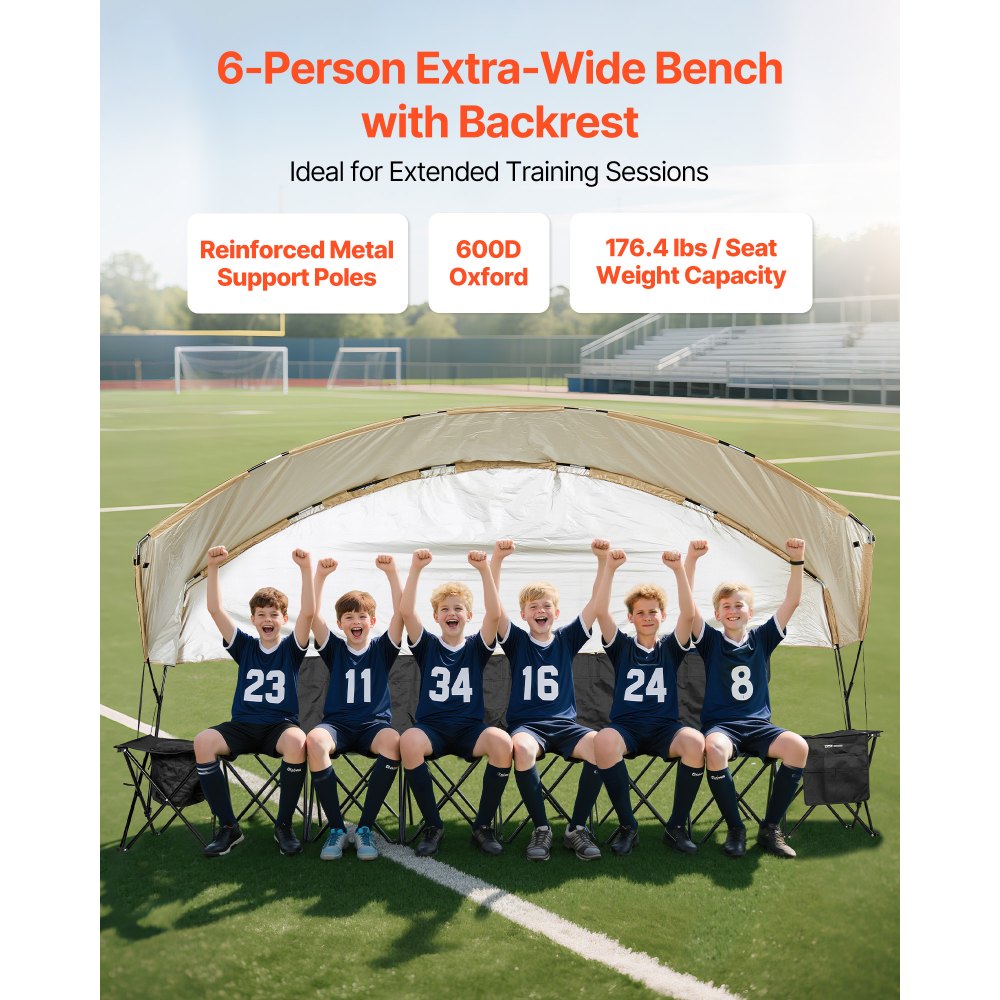 VEVOR Portable Folding Bench, 6 Seat Soccer Bench with Storage Pockets Cup Holders & Carrying Bag, Lightweight Sideline