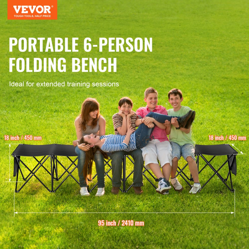 VEVOR Portable Folding Bench, 6 Seat Foldable Soccer Bench with Side Pockets and Carrying Bag, Lightweight 600D Oxford