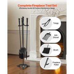 VEVOR Fireplace Tool Set, 4 PCS Fire Tool Set and Holder with Three-Prong Stand, Ash Shovel, Brush, Fire Place Poker