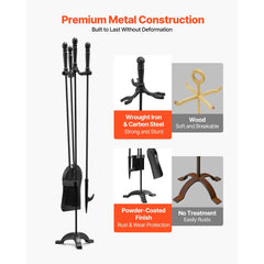 VEVOR Fireplace Tool Set, 4 PCS Fire Tool Set and Holder with Three-Prong Stand, Ash Shovel, Brush, Fire Place Poker