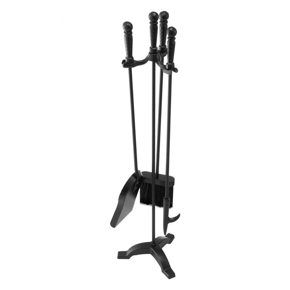 VEVOR Fireplace Tool Set, 4 PCS Fire Tool Set and Holder with Three-Prong Stand, Ash Shovel, Brush, Fire Place Poker