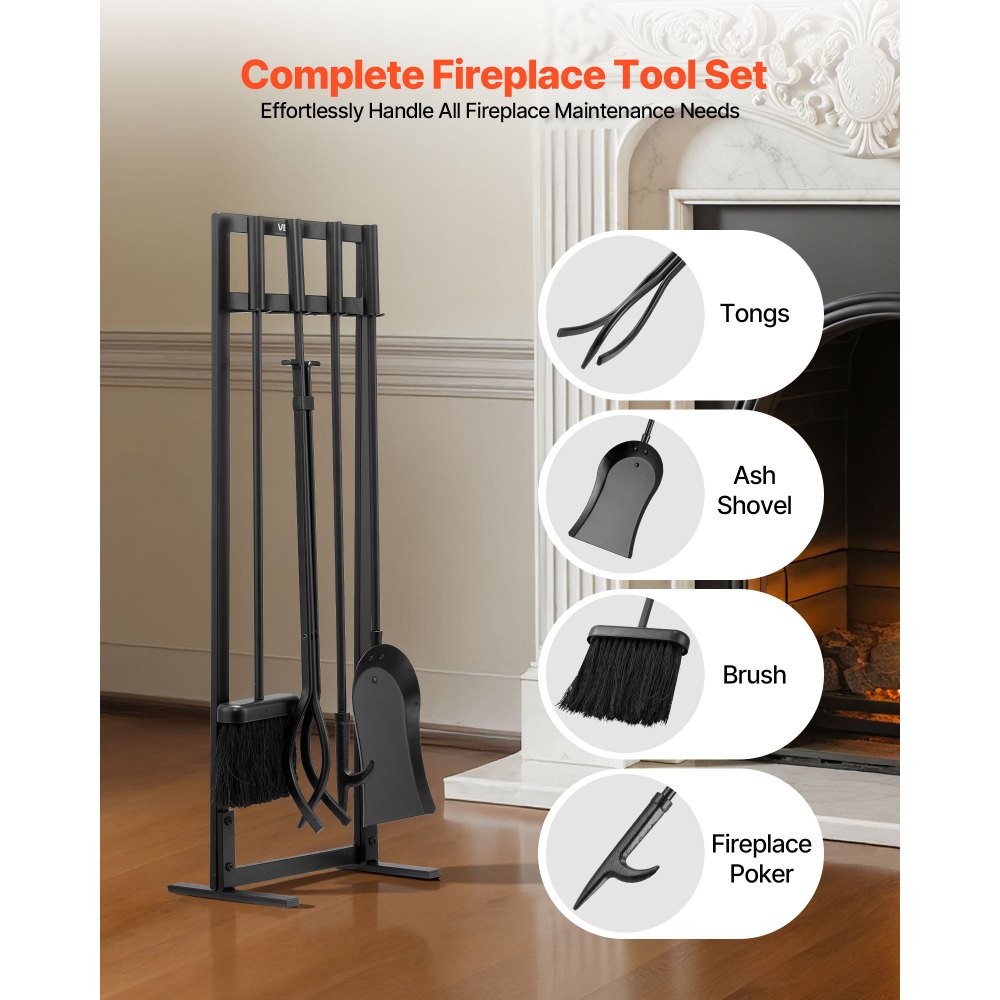 VEVOR Fireplace Tool Set, 5 PCS Fire Tool Set and Holder with Square-Frame Stand, Tongs, Ash Shovel, Brush, Fire Place