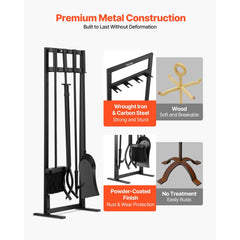VEVOR Fireplace Tool Set, 5 PCS Fire Tool Set and Holder with Square-Frame Stand, Tongs, Ash Shovel, Brush, Fire Place