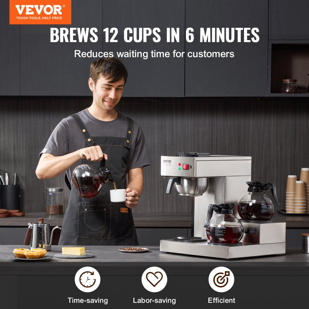 VEVOR 12 Cups Commercial Drip Coffee Maker, Coffee Maker Machine with 3 Glass Carafes and 3 Warmer Plates, Stainless