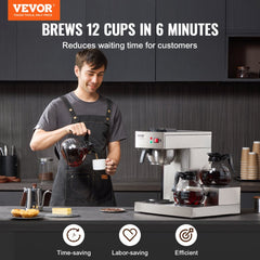 VEVOR 12 Cups Commercial Drip Coffee Maker, Coffee Maker Machine with 3 Glass Carafes and 3 Warmer Plates, Stainless