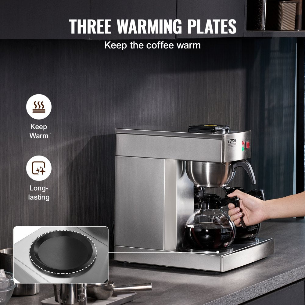 VEVOR 12 Cups Commercial Drip Coffee Maker, Coffee Maker Machine with 3 Glass Carafes and 3 Warmer Plates, Stainless