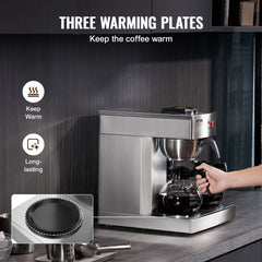 VEVOR 12 Cups Commercial Drip Coffee Maker, Coffee Maker Machine with 3 Glass Carafes and 3 Warmer Plates, Stainless