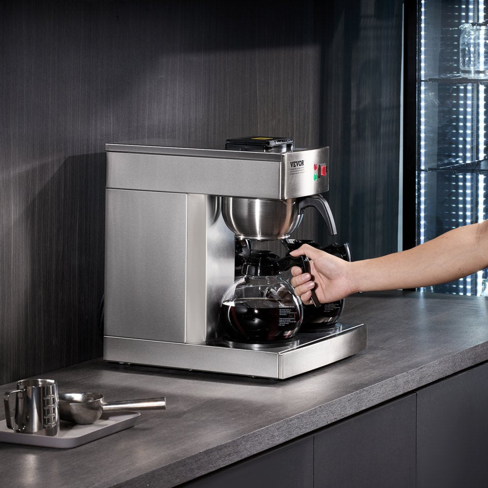 VEVOR 12 Cups Commercial Drip Coffee Maker, Coffee Maker Machine with 3 Glass Carafes and 3 Warmer Plates, Stainless