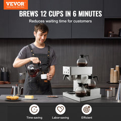 VEVOR Commercial Drip Coffee Maker, 12 Cups Coffee-Maker Machine with 4 Glass Carafes and 4 Decanter Warmer Plates