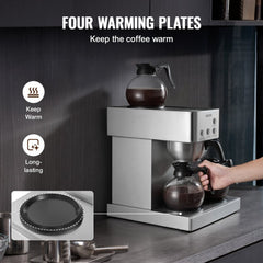 VEVOR Commercial Drip Coffee Maker, 12 Cups Coffee-Maker Machine with 4 Glass Carafes and 4 Decanter Warmer Plates