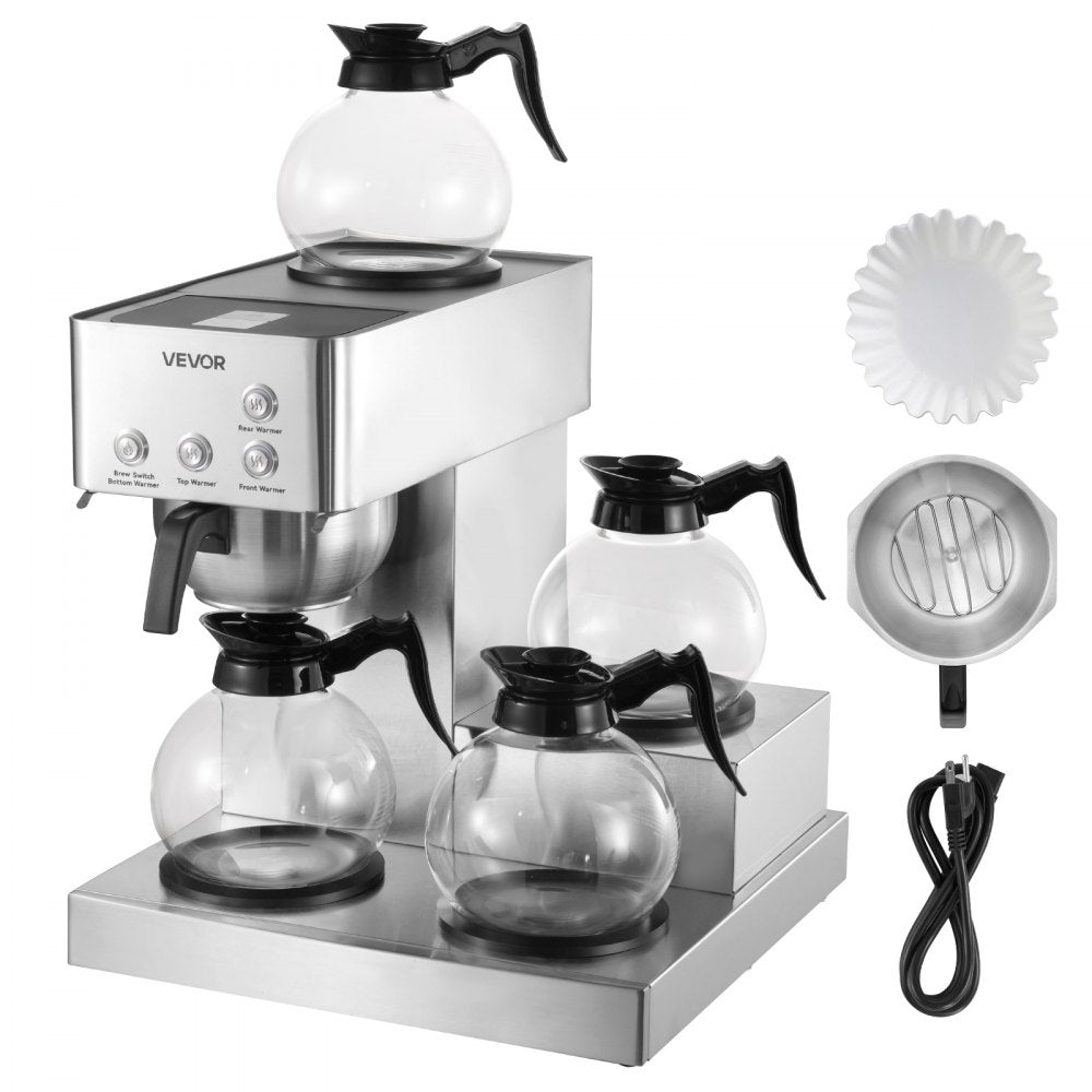 VEVOR Commercial Drip Coffee Maker, 12 Cups Coffee-Maker Machine with 4 Glass Carafes and 4 Decanter Warmer Plates
