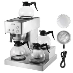 VEVOR Commercial Drip Coffee Maker, 12 Cups Coffee-Maker Machine with 4 Glass Carafes and 4 Decanter Warmer Plates