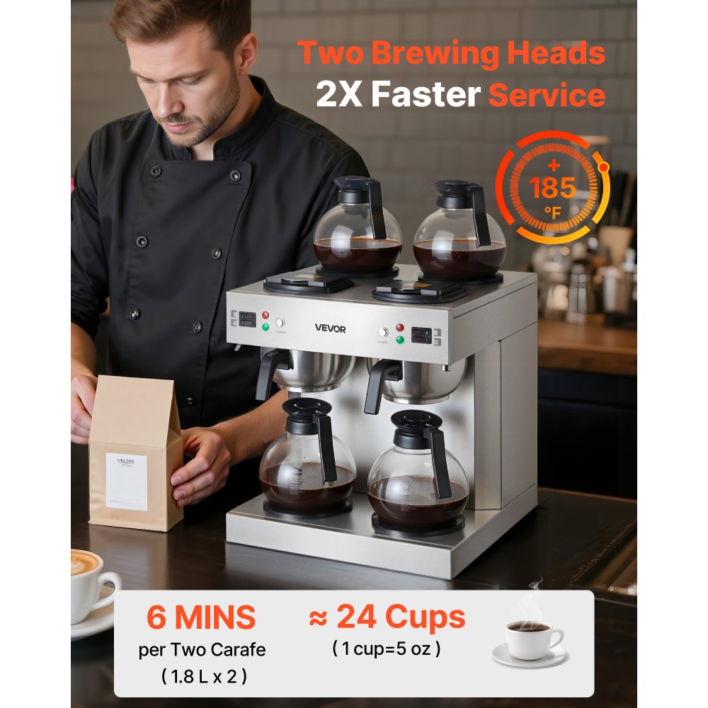 VEVOR Commercial Drip Coffee Maker, 24 Cups Coffee-Maker Machine with 4 Glass Carafes and 4 Decanter Warmer Plates
