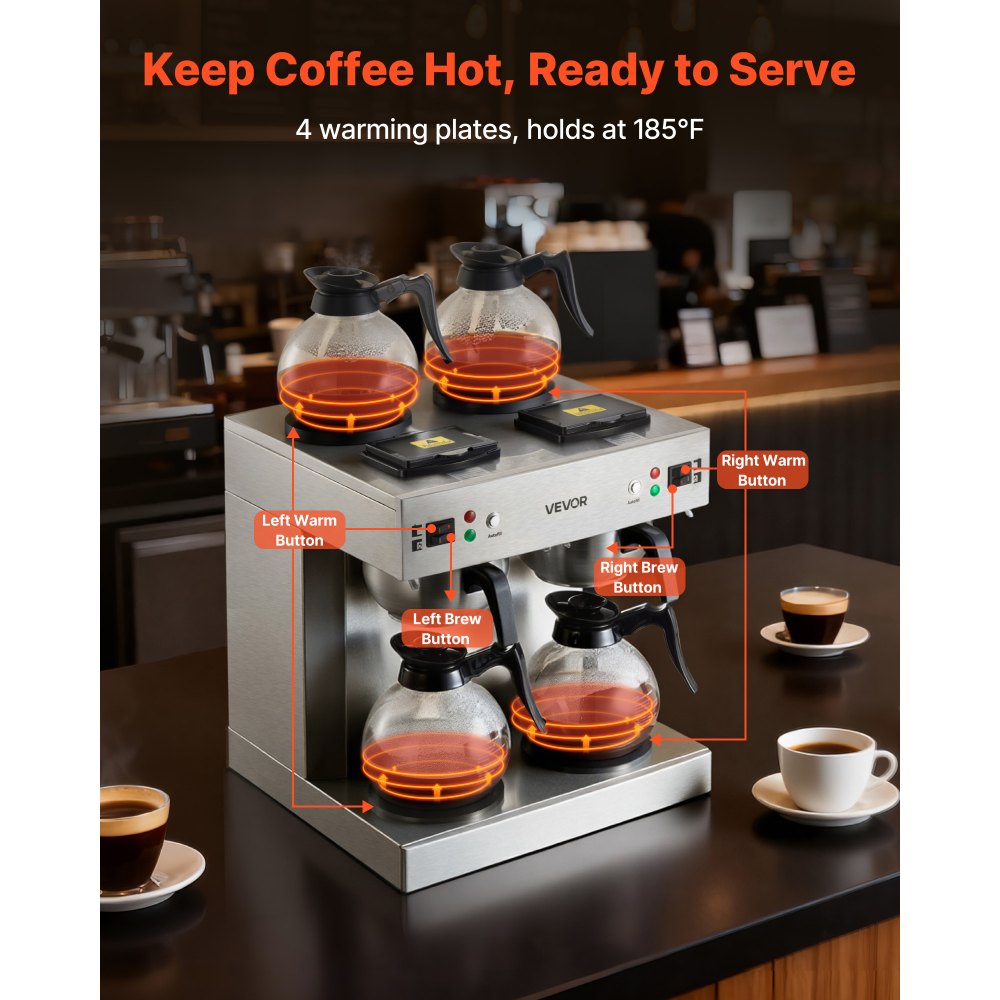 VEVOR Commercial Drip Coffee Maker, 24 Cups Coffee-Maker Machine with 4 Glass Carafes and 4 Decanter Warmer Plates
