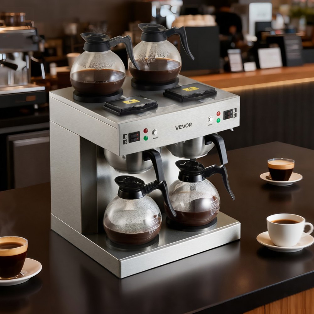 VEVOR Commercial Drip Coffee Maker, 24 Cups Coffee-Maker Machine with 4 Glass Carafes and 4 Decanter Warmer Plates