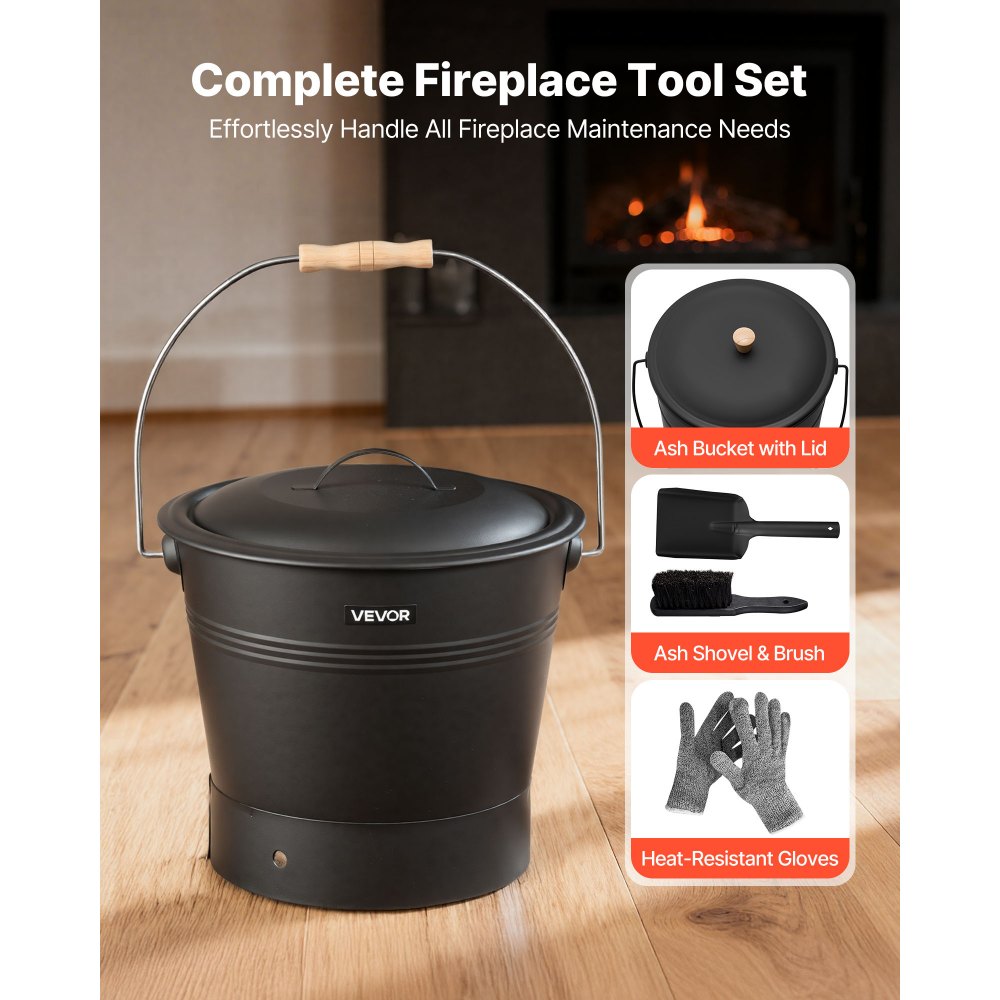 VEVOR Ash Bucket, 4 PCS with Lid, Shovel, Broom and Gloves, Metal Fireplace Charcoal Bucket and Ash Can, 2.6 GAL Large