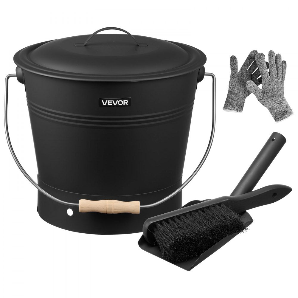 VEVOR Ash Bucket, 4 PCS with Lid, Shovel, Broom and Gloves, Metal Fireplace Charcoal Bucket and Ash Can, 2.6 GAL Large