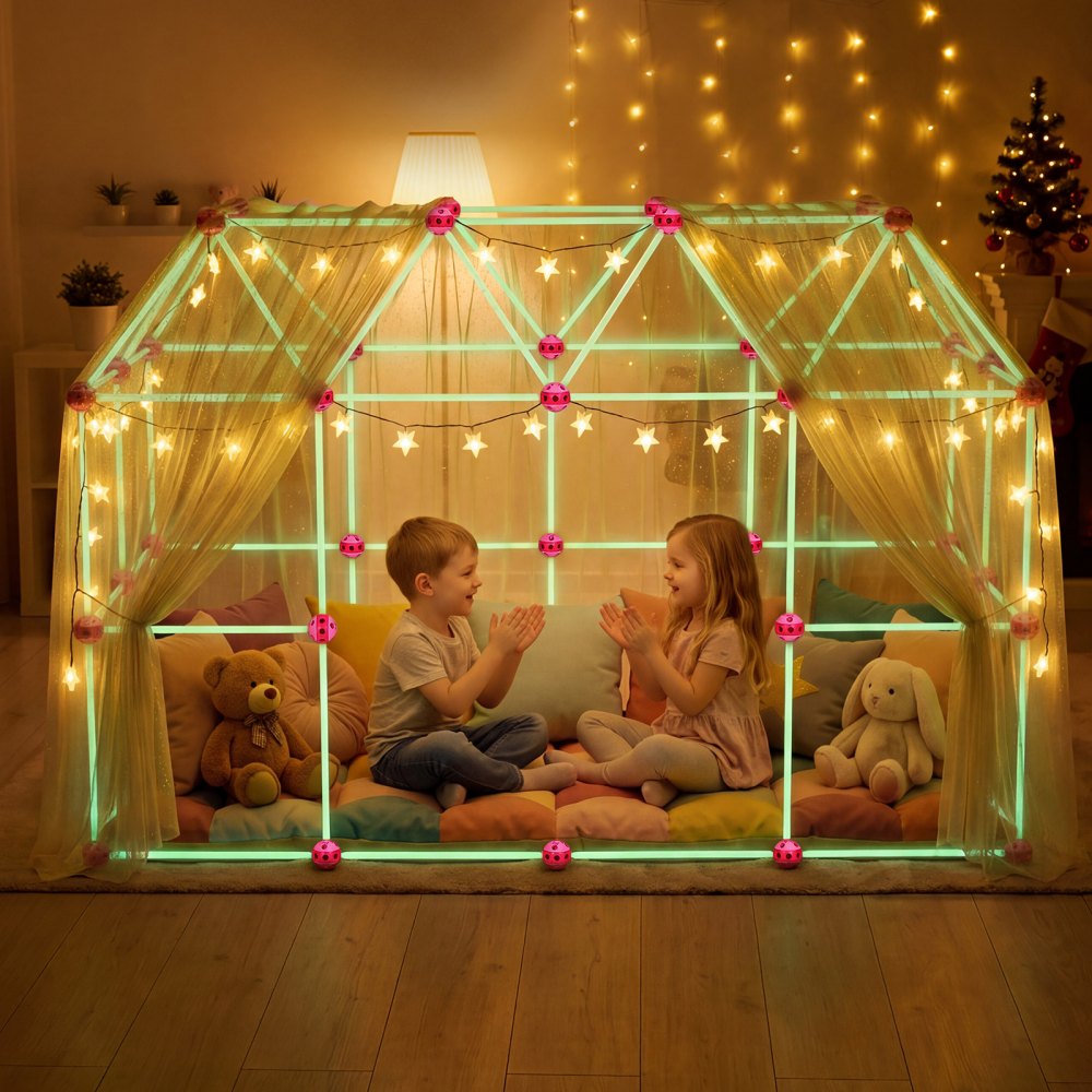 VEVOR Glow-in-the-Dark Fort Building Kit for Kids, 140PCS STEM Builder Toys, for 4 5 6 7 8+ Year Old Boys Girls