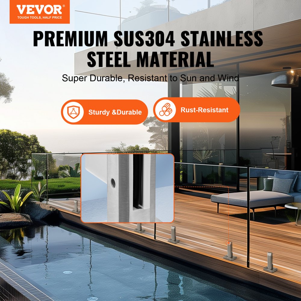 VEVOR Glass Clamp, 10 PCS Square Glass Railing Bracket for 0.31 "-0.47 " Tempered Glass, 304 Stainless Steel Glass