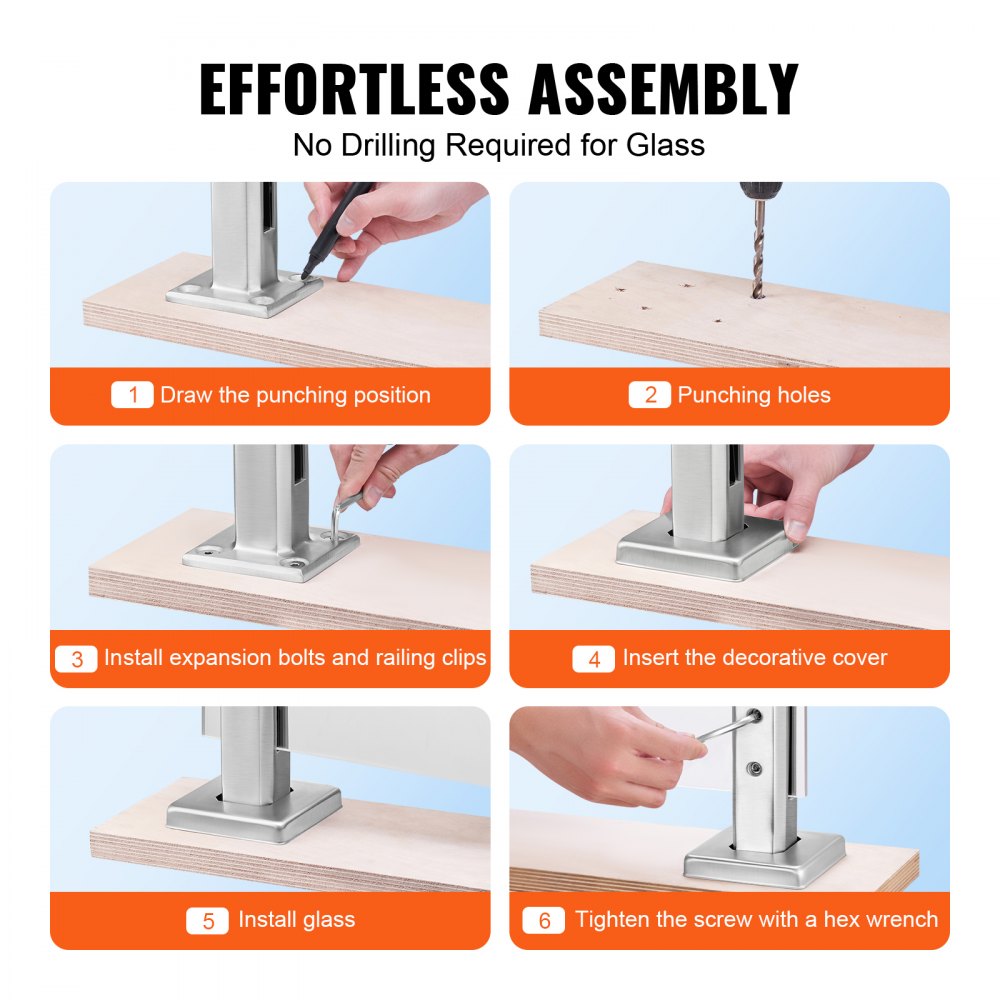 VEVOR Glass Clamp, 10 PCS Square Glass Railing Bracket for 0.31 "-0.47 " Tempered Glass, 304 Stainless Steel Glass