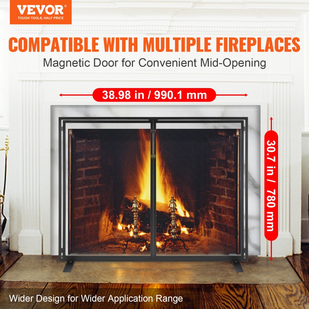 VEVOR Fireplace Screen 1 Panel with Door, Sturdy Iron Mesh Fireplace Screen, 38.98"(L) x30.7"(H) Spark Guard Cover