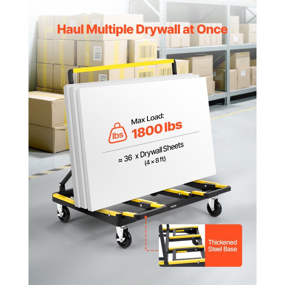VEVOR Drywall Cart Dolly, 1800 lbs Load Capacity, Steel Panel Dolly with 4 Swivel Casters & Expandable Deck, Foldable
