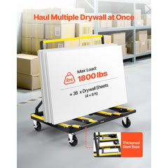 VEVOR Drywall Cart Dolly, 1800 lbs Load Capacity, Steel Panel Dolly with 4 Swivel Casters & Expandable Deck, Foldable