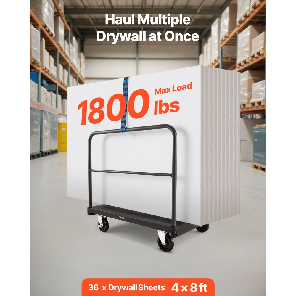 VEVOR Drywall Cart Dolly, 1800 lbs Load Capacity, 2-in-1 Steel Panel Truck Cart with 5 inch Swivel Casters, 36 x 24